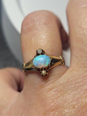 Opal Gold Antique Ring Seed Pearls Victorian October Birthstone 10k